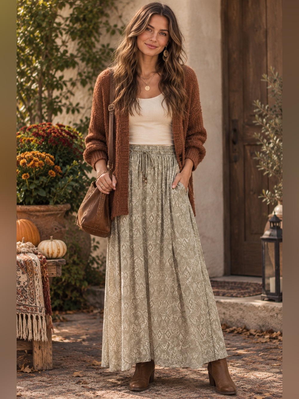 Eddie Bauer Tan Beige Boho Maxi Skirt Geometric Pattern Drawstring Waist M